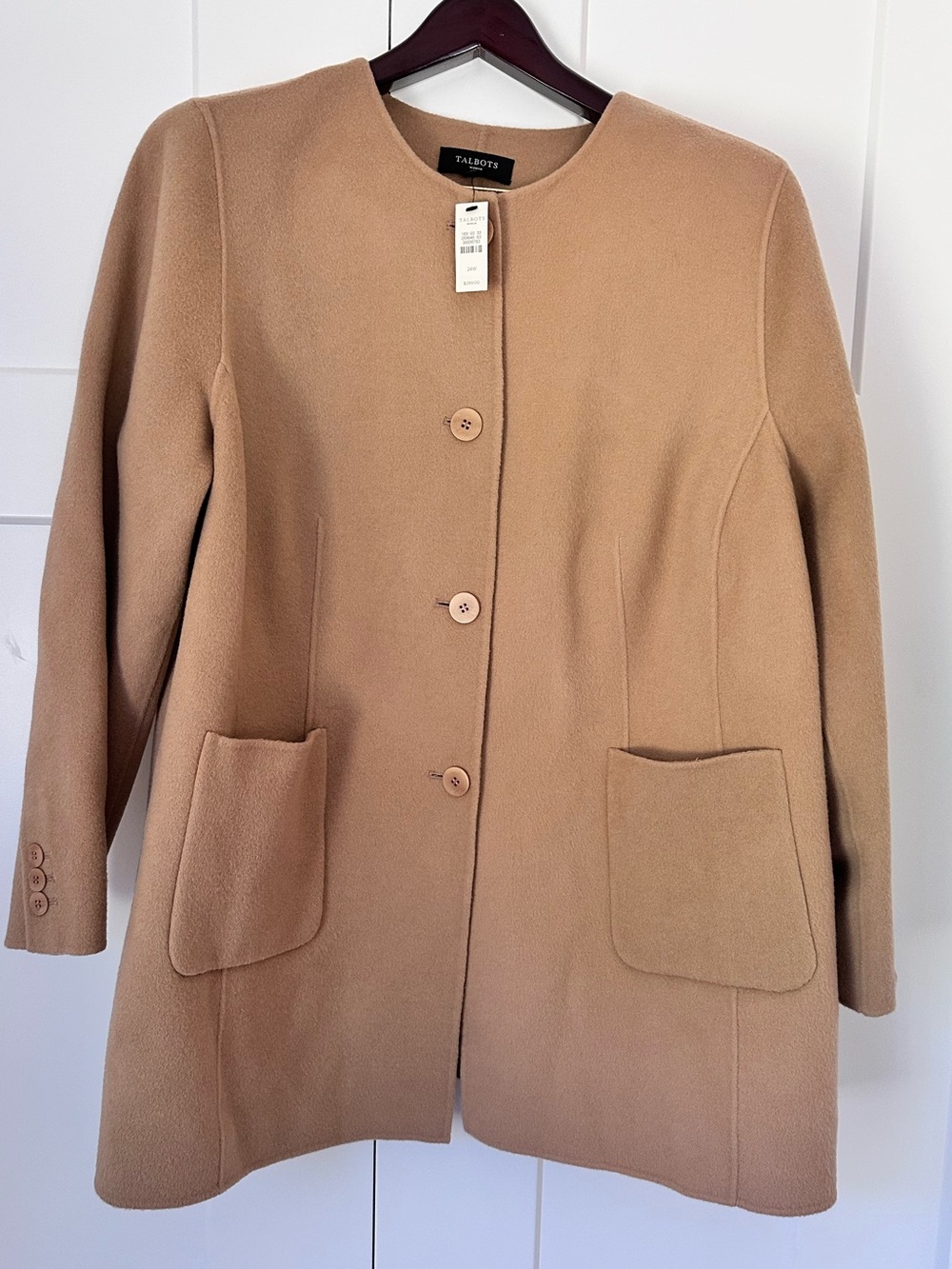 Talbots Woman Camel Collarless Plus Wool Pea Coat 24W NWT